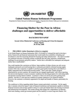 Financing Shelter for the Poor in Africa: challenges and opportunities to deliver affordable housing - Background paper - 2008