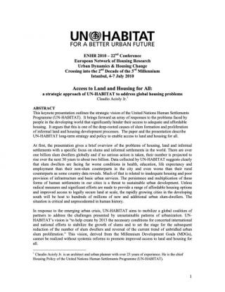 Access to Land and Housing for All: a strategic approach of UN-HABITAT to address global housing problems - 2010