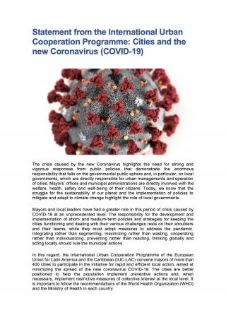 Statement from the International Urban Cooperation Programme: Cities and the new Coronavirus (COVID-19) - 2020